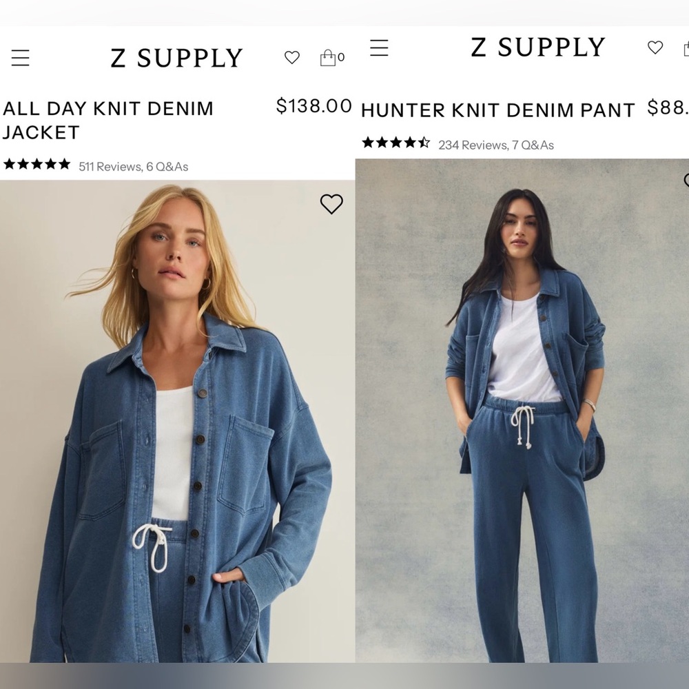 EUC Women's Z SUPPLY All Day Cotton Denim Knit Jacket Top & Pants Set size XS